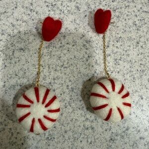 Red and White Peppermint Fruitypom Dangle Earrings